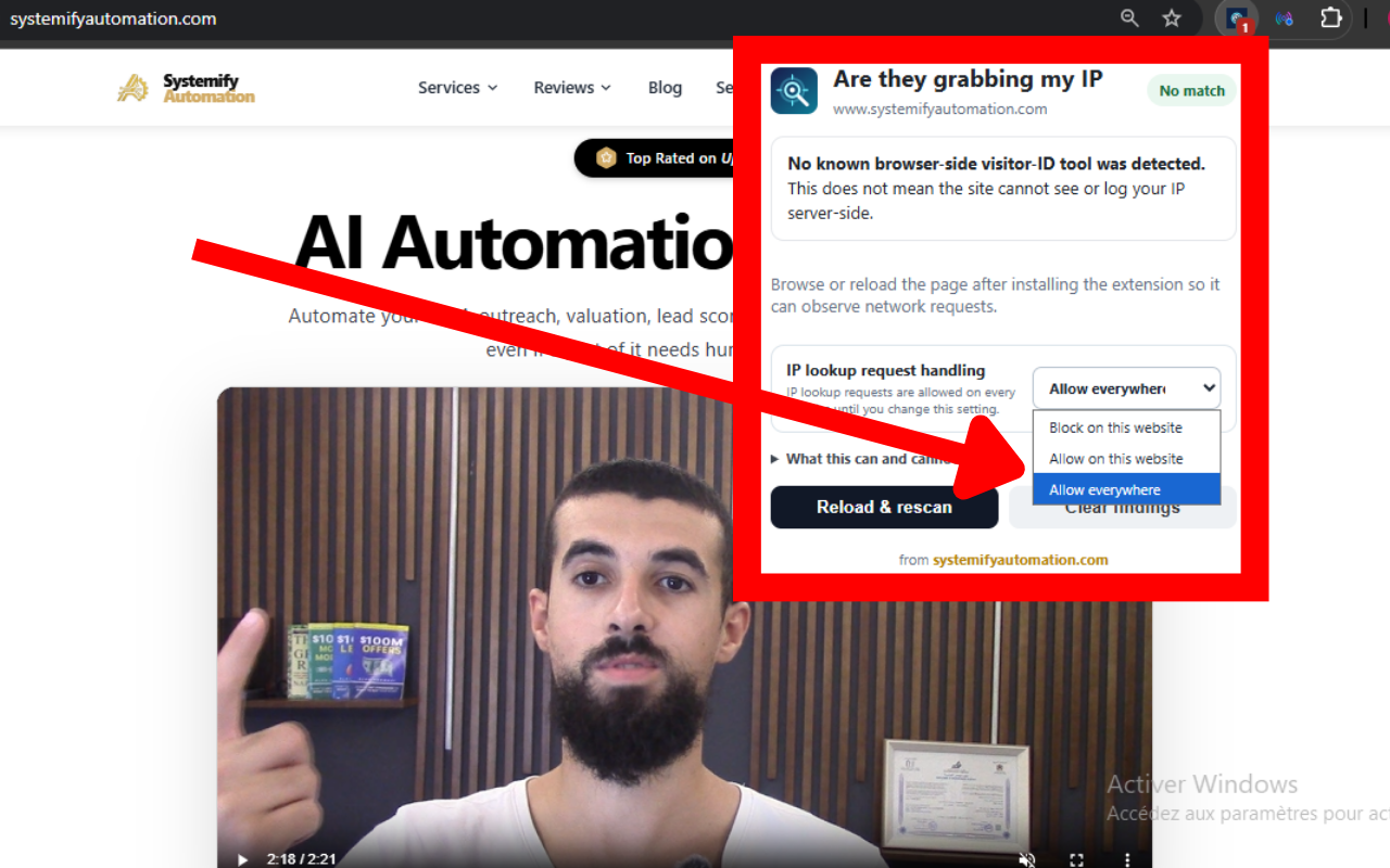 Extension popup showing site-specific blocking controls
