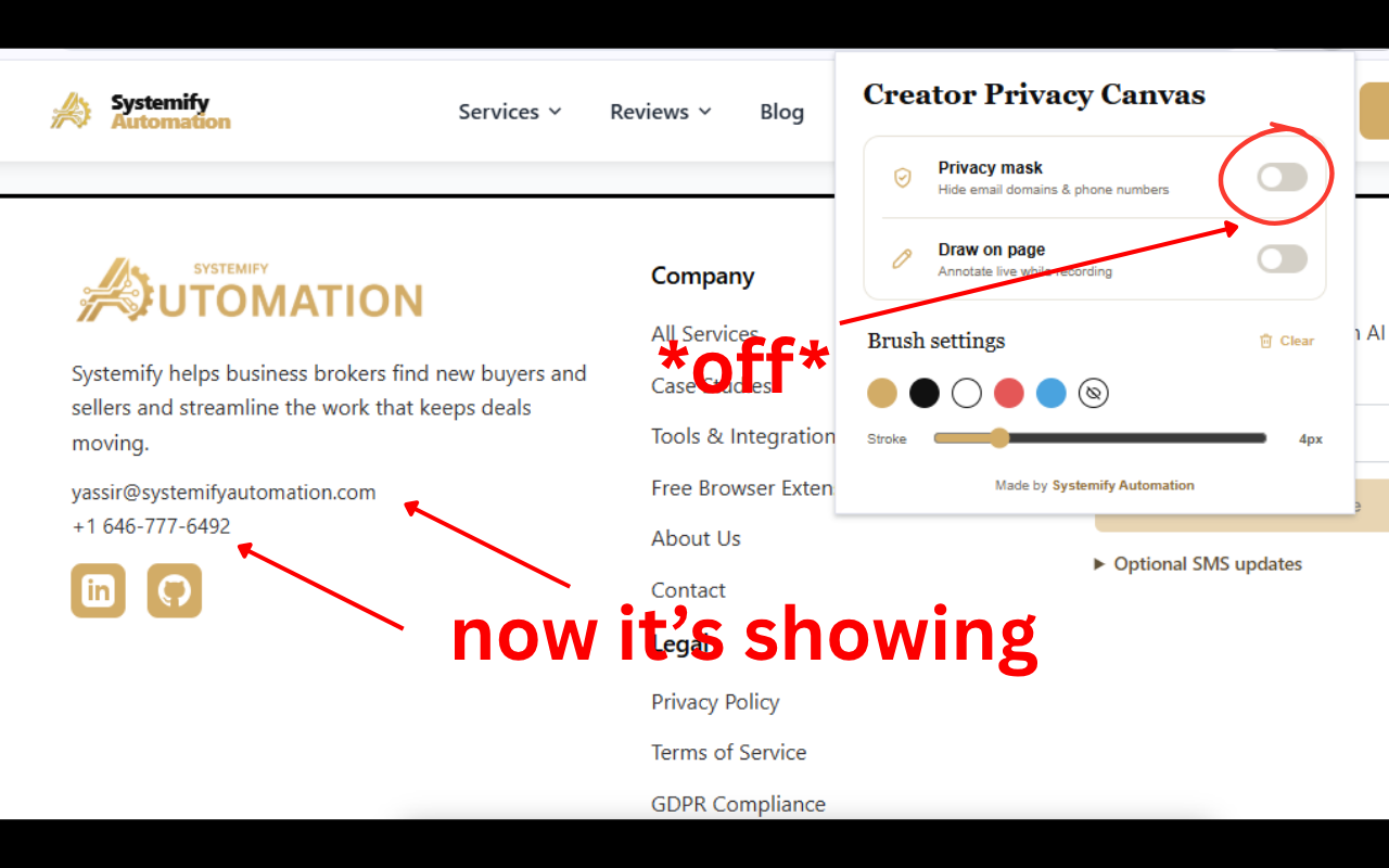 Creator Privacy Canvas popup with Privacy mask turned off